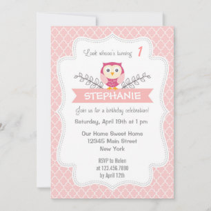 Cute Owl Birthday Invitation Sweet Light Pink Kaart