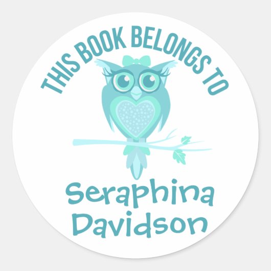 Cute Owl book bord name aqua id label sticker (Voorkant)