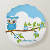 Cute Owl Boy sur un Coussin rond de branche (Dos)