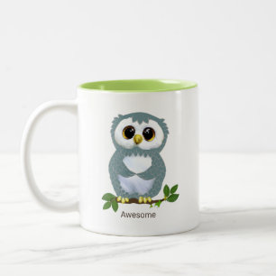 Cute Owl Cartoon, Laurel Leaves en Calligraphy Tweekleurige Koffiemok