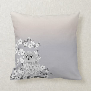 Cute Owl Cherry Blossom Beige Taupe White Kussen