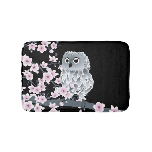 Cute Owl Cherry Blossom Black Roze Badmat (Voorkant)