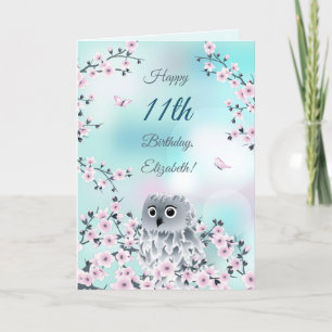 Cute Owl Cherry Blossom Custom Birthday Kaart