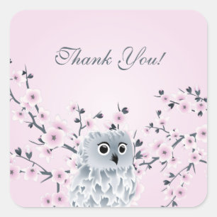 Cute Owl Cherry Blossom Dank u Vierkante Sticker