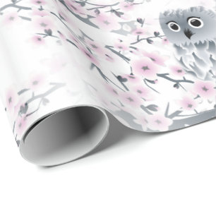 Cute Owl Cherry Blossom Pattern Cadeaupapier