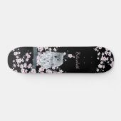 Cute Owl Cherry Blossom Pink Black Naam toevoegen Skateboard (Horizontaal)