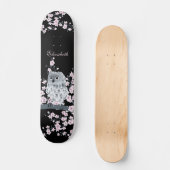Cute Owl Cherry Blossom Pink Black Naam toevoegen Skateboard (Voorkant)