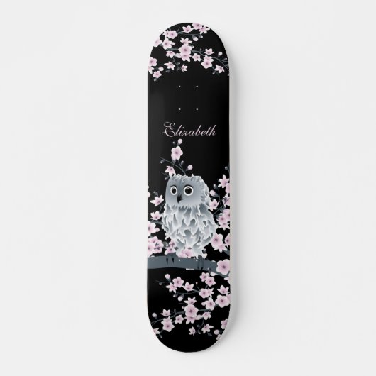 Cute Owl Cherry Blossom Pink Black Naam toevoegen Skateboard (Voorkant)