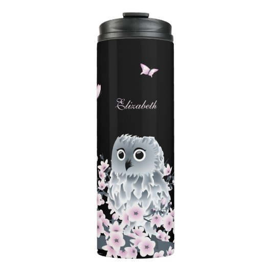 Cute Owl Cherry Blossom Pink Black Thermosbeker (Voorkant)