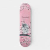 Cute Owl Cherry Blossom Pink Glitter Monogram Skateboard (Voorkant)