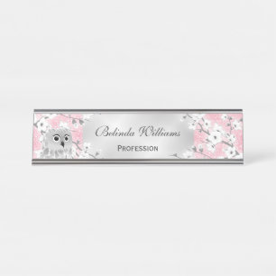 Cute Owl Cherry Blossom Pink Glitter Silver Bureau Naambordje