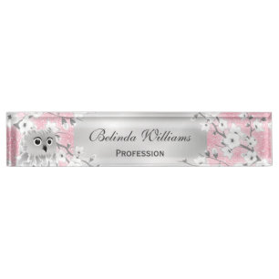 Cute Owl Cherry Blossom Pink Glitter Silver Naambordje