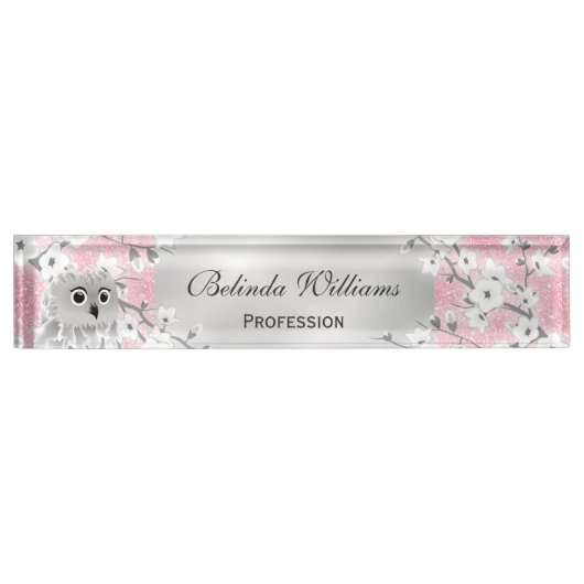 Cute Owl Cherry Blossom Pink Glitter Silver Naambordje (Voorkant)
