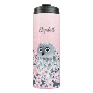 Cute Owl Cherry Blossom Pink Glitter Thermosbeker