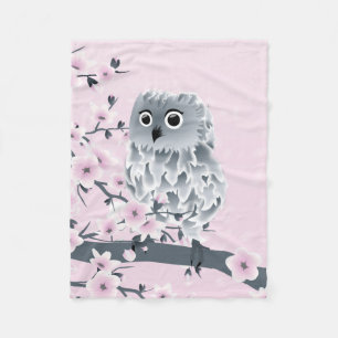 Cute Owl Cherry Blossom Pink Grey Floral Fleece Deken