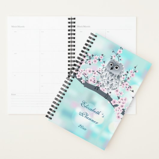 Cute Owl Cherry Blossom Pink Turquoise Ajouter un  (Devant avec enveloppe)