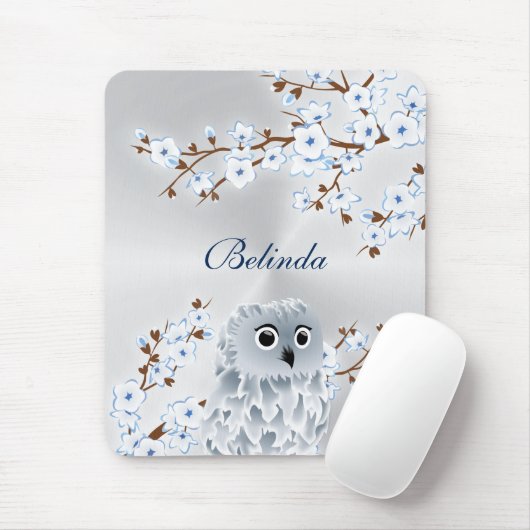 Cute Owl Cherry Blossom Silver White Monogram Muismat (Met muis)