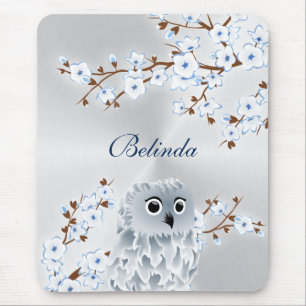 Cute Owl Cherry Blossom Silver White Monogram Muismat