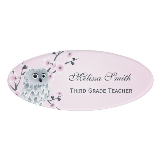 Cute Owl Cherry Blossom Teacher Naambadge (Voorkant)