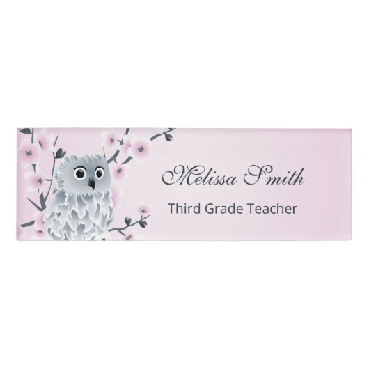 Cute Owl Cherry Blossom Teacher Naambadge (Voorkant)