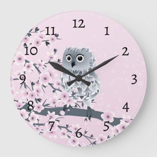 Cute Owl Cherry Blossoms Pink Numbers Grote Klok (Voorkant)