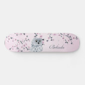Cute Owl Cherry Pink Blossom Monogram Girly Skateboard (Horizontaal)