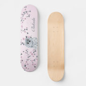 Cute Owl Cherry Pink Blossom Monogram Girly Skateboard (Voorkant)