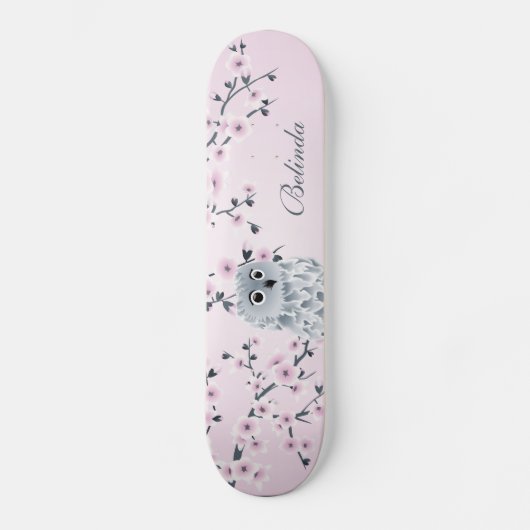 Cute Owl Cherry Pink Blossom Monogram Girly Skateboard (Voorkant)