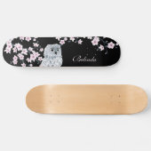 Cute Owl Cherry roze Blossom Monogram Black Girly Skateboard (Horizontaal)