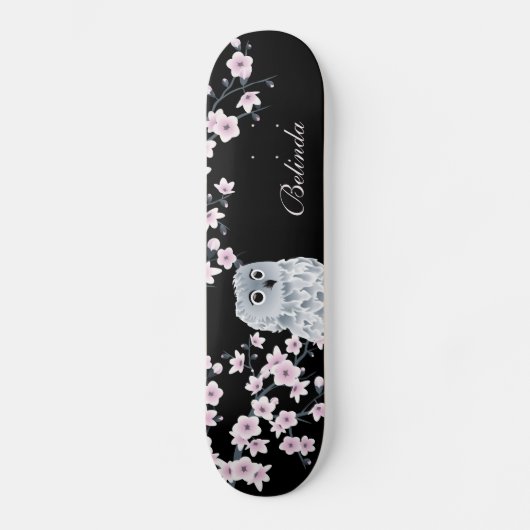 Cute Owl Cherry roze Blossom Monogram Black Girly Skateboard (Voorkant)