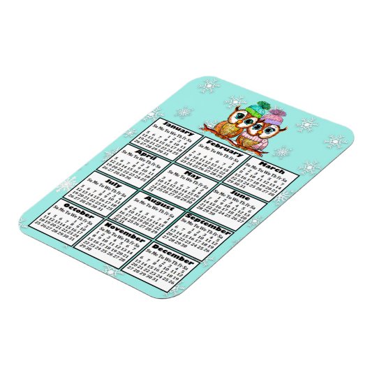 Cute Owl Couple Blauwgroen Snowflakes 2020 Mini Ca Magneet (Linkerzijde)