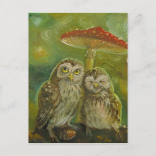 Cute Owl Couple onder de paddenstoel Briefkaart