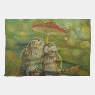 Cute Owl Couple onder de paddenstoel Theedoek