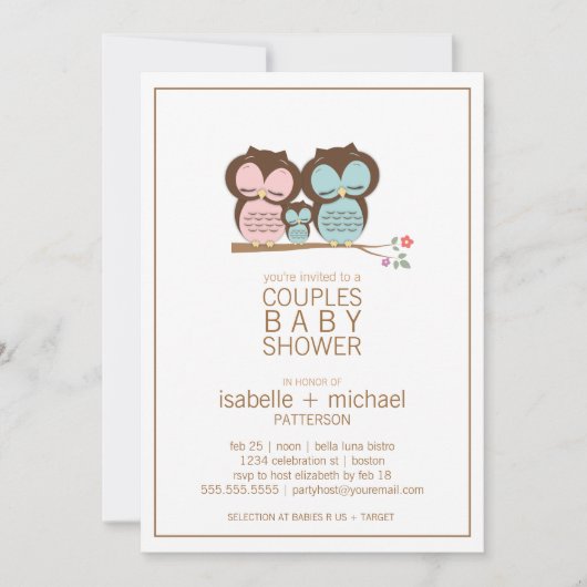 Cute Owl Famille Couples Baby shower Invitation (Devant)