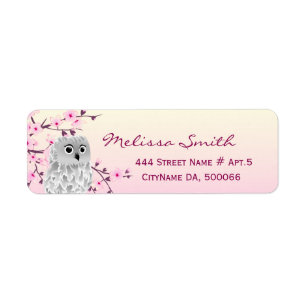 Cute Owl Floral Cherry Blossom Pink Etiket