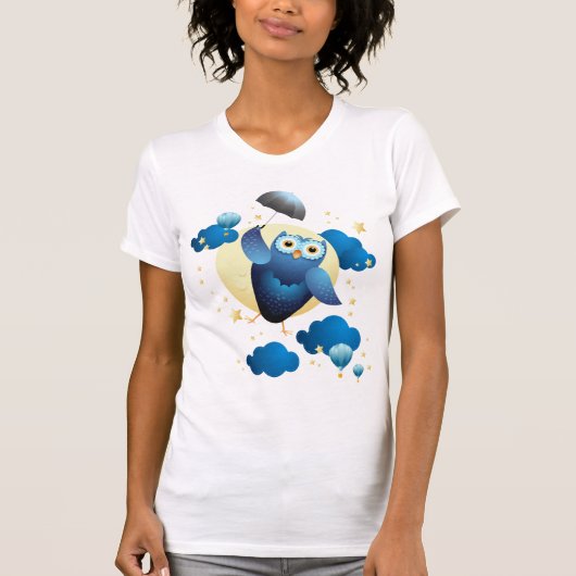 Cute Owl Flying with Umbrella T-shirt (Voorkant)