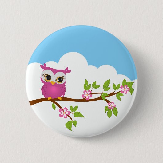 Cute Owl Girl op een Button van de Tak (Voorkant)