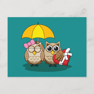Cute Owl Lovers w/ Umbrella and Red Chocolate Box Feestdagenkaart