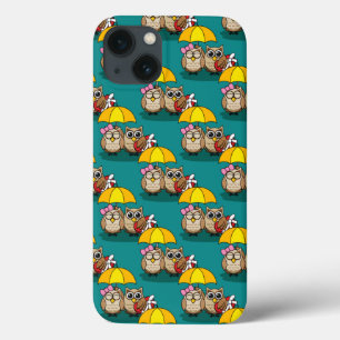 Cute Owl Lovers w/ Umbrella & Red Chocolate Box iPhone 13 Hoesje