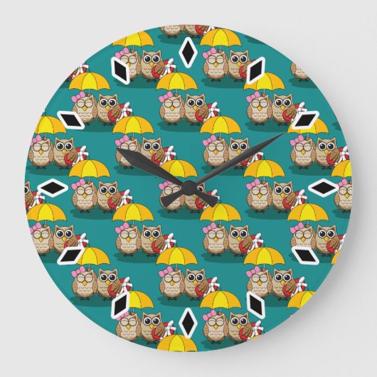 Cute Owl Lovers w/ Umbrella & Red Chocolate Box Grote Klok (Voorkant)