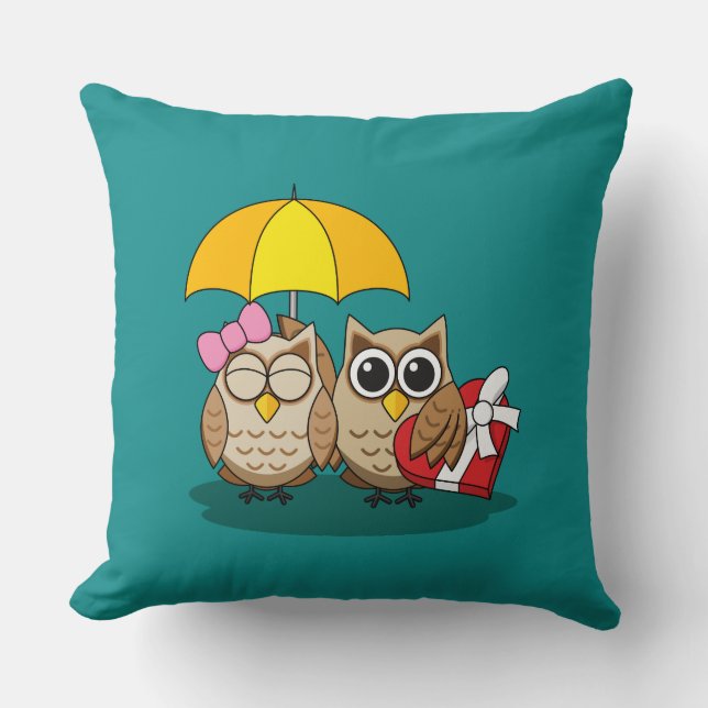 Cute Owl Lovers w/ Umbrella & Red Chocolate Box Kussen (Voorkant)