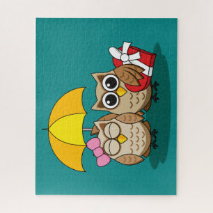 Cute Owl Lovers w/ Umbrella & Red Chocolate Box Legpuzzel
