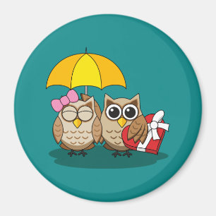 Cute Owl Lovers w/ Umbrella & Red Chocolate Box Magneet