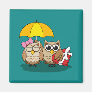 Cute Owl Lovers w/ Umbrella & Red Chocolate Box Magneet