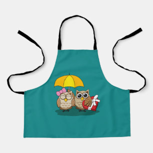 Cute Owl Lovers w/ Umbrella & Red Chocolate Box Schort