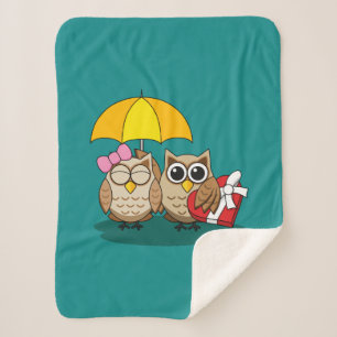 Cute Owl Lovers w/ Umbrella & Red Chocolate Box Sherpa Deken