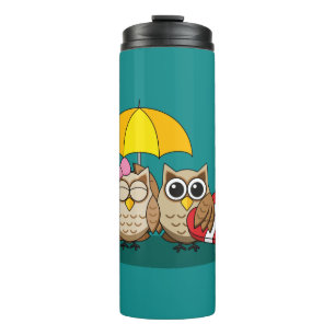 Cute Owl Lovers w/ Umbrella & Red Chocolate Box Thermosbeker