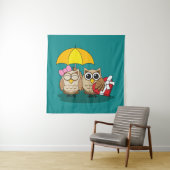 Cute Owl Lovers w/ Umbrella & Red Chocolate Box Wandkleed (In situ)