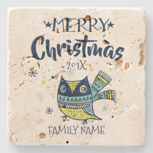 Cute Owl & Merry-kersttypografie Stenen Onderzetter