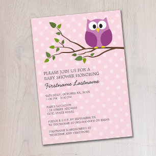 Cute Owl on Branch en polka dots Baby Girl Shower Kaart